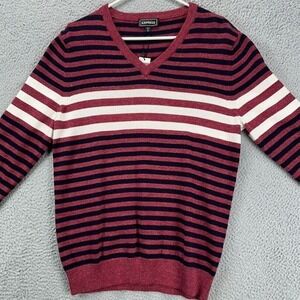 Express V-Neck Sweater Adult Medium Red Striped Long Sleeve‎ Pullover Mens NEW